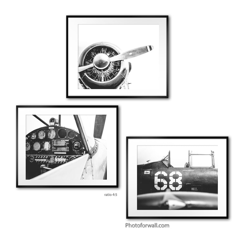 Aviation decor with set of 3 Black and white prints Retirement Pilot Gift Airplane Office Decor, Airforce Gifts for father, Gift for Him image 1