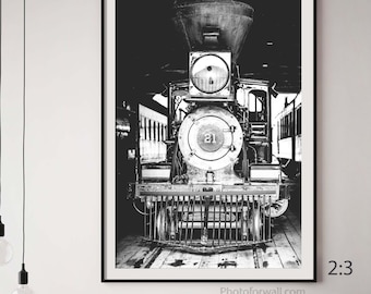 Office decor with Train poster wall art unframed, train black and white photography, locomotive engine print, black and white print