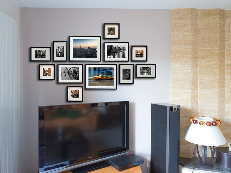 New York gallery wall decor set of 14 black and white and color prints Brooklyn Bridge NYC large wall art