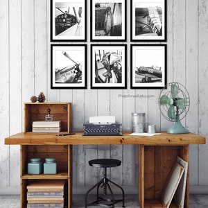 Personalized Pilot Gift for Dad Vintage Aviation decor, Airplane piper, Original gallery wall set of 6 plane black and white prints image 2