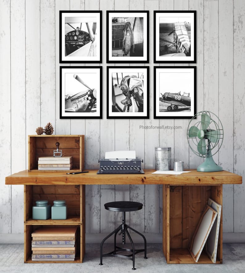 Personalized Pilot Gift for Dad Vintage Aviation decor, Airplane piper, Original gallery wall set of 6 plane black and white prints image 2