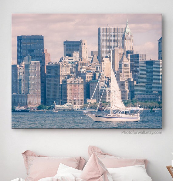 Luxury New York Wall Decor New York Photography Boat Skyline In Large Canvas Art Pink Decor New York Bedroom Decor Teen Girl Room Decor