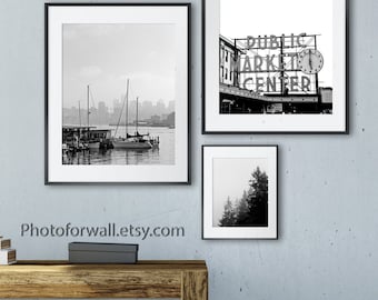 Seattle set of 3 prints for office wall decor in black and white photographs UNFRAMED, Seattle gift for girlfriend birthday gift