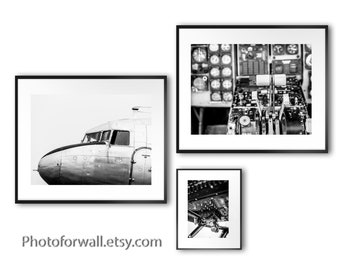 Aviation wall decor, Airplane gallery wall art set of 3 prints, home decor, home office black and white photography, office decor