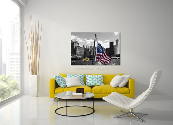 American Flag Wall Art New York Photography Boat Skyline Black And White Photography Office Decor New York Art Large Canvas Art