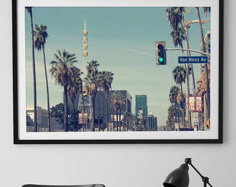 Los Angeles poster Hollywood print, California palm tree photography/large wall art/kids room art/men office decor skyline California