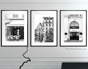 fashion wall art, set of 3 Paris Cafe Shop Building prints black and white photography unframed, Bedroom decor