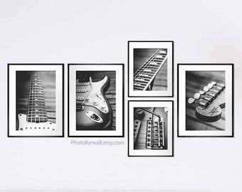 Electric guitar music gallery wall music wall art, set of 5 black and white prints, birthday boyfriend gift