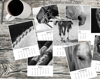 2024 Desk Calendar with Black and white horse photographs, Wall Calendar Paris bedroom decor photoforwall