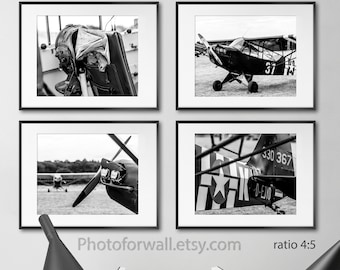 Set of 4 Vintage black and white prints, Airplane Art Print Piper Aircraft Personalized Pilot Gift Office Wall Decor Vintage Aviation Decor
