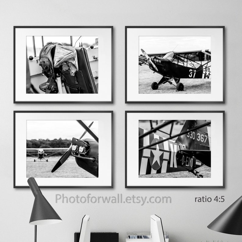 Set of 4 Vintage black and white prints, Airplane Art Print Piper Aircraft Personalized Pilot Gift Office Wall Decor Vintage Aviation Decor image 1