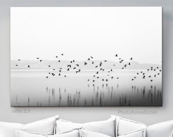 ON SALE Black and white birds on water on canvas art, Nature wall decor in black and white, Bedroom Wall Decor