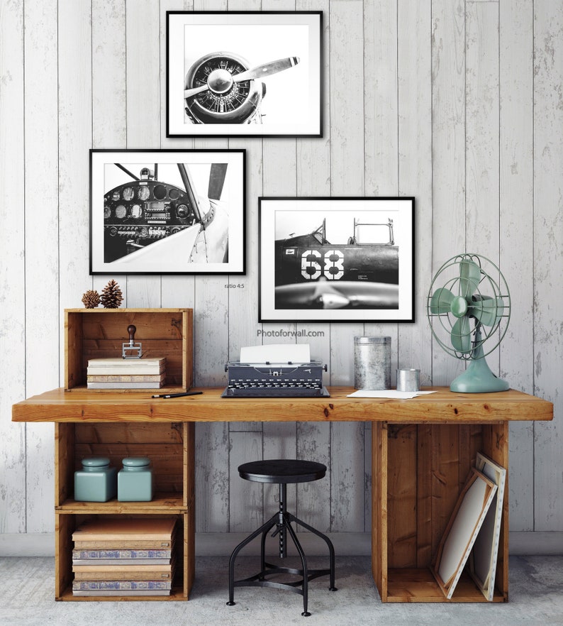 Aviation decor with set of 3 Black and white prints Retirement Pilot Gift Airplane Office Decor, Airforce Gifts for father, Gift for Him image 3