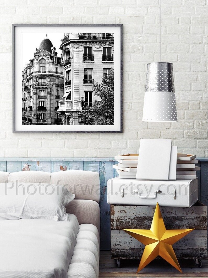 Black and white Paris photography, Paris bedroom decor, large wall art, French building paris print image 1