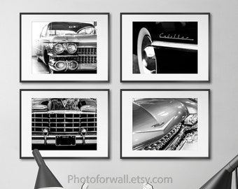 Car Poster, Car wall art, Classic Car Black And White Prints set of 4 Prints car closeup emblem, office wall decor