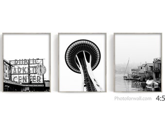 Wall decor Seattle wall art set of 3 prints Seattle Photography, Black and white photography UNFRAMED, Public Market Center Needle