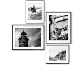 Lighthouse Boat Beach Horse gallery wall art set of 4 Black and white prints Large wall art for office decor or bedroom wall decor