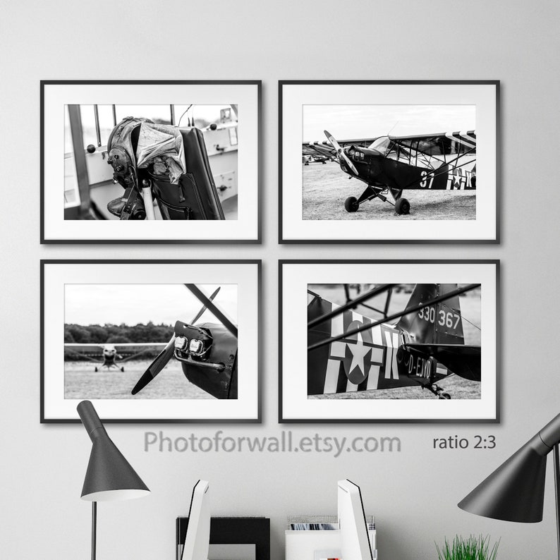 Set of 4 Vintage black and white prints, Airplane Art Print Piper Aircraft Personalized Pilot Gift Office Wall Decor Vintage Aviation Decor image 3