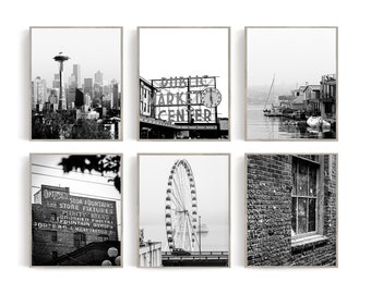 Seattle wall art set of 6 prints Seattle Gum wall, Great Wheel, Space Needle Public Market Center, Black and white photography UNFRAMED