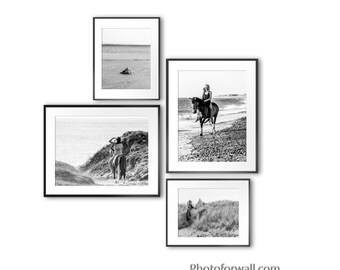 Beach Horses women gallery wall art set of 4 Black and white prints Large wall art for office decor or bedroom wall decor