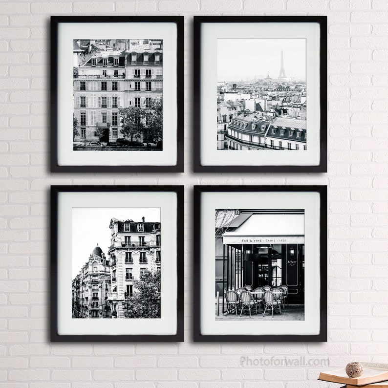 Set of 4 Paris photographs unframed in black and white prints, Bedroom Decor Bathroom Wall Decor image 1