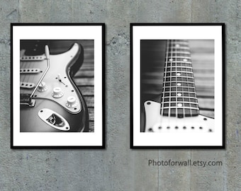 Music room decor, Electric guitar, guitar wall art set of 2 Black and white prints, music wall art, gift for musician, fathers day gift