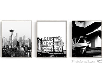 Seattle Wall decor Seattle poster set of 3 prints Seattle Photography, Black and white photography UNFRAMED, Public Market Center Needle