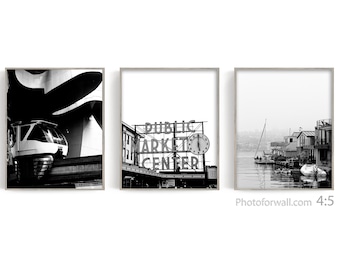 Wall decor Seattle poster set of 3 prints Seattle Photography, Black and white photography UNFRAMED, Public Market Center Monorail