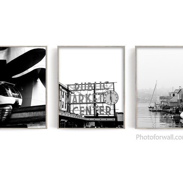 Wall decor Seattle poster set of 3 prints Seattle Photography, Black and white photography UNFRAMED, Public Market Center Monorail