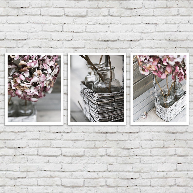 Living Room Wall Art Prints Set of 3 prints hydrangea wall art, nursery decor, bathroom wall decor, Shabby Chic decor large wall art image 4