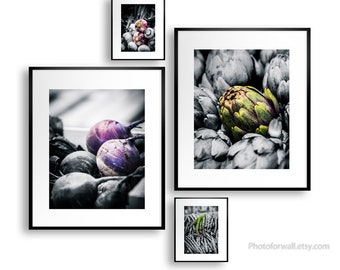 kitchen gallery wall decor Set of 4 prints in Black and white with Green Purple, Food photography with vegetables by Albane L