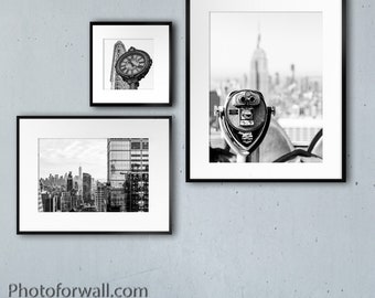 New York gallery wall decor set of 3 black and white prints UNFRAMED Empire State Building Wall Trade Center Flatiron Clock on Fifth avenue