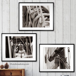 Nautical Coastal wall decor with a set of 3 prints sailboat rope boat wall art in sepia photography, sailor decor, office wall decor image 1