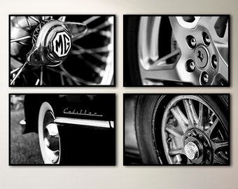 Car Poster, Car wall art, Classic Car Black And White Prints closeup car photography, Office Decor with wheels Cadillac MG Ferrari