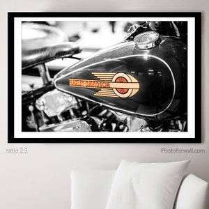 Harley-Davidson Motorcycle Artwork, Black And White And Orange Photography Unframed, Black And White Print, Home Office Decor image 1