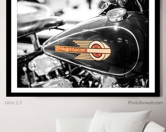 Harley-Davidson Motorcycle Artwork, Black And White And Orange Photography Unframed, Black And White Print, Home Office Decor