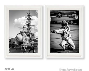 USS MIDWAY San Diego art print set of 2 black and white prints, Aviation Decor army Aircraft, Airplane wall art, Personalized Pilot Gift