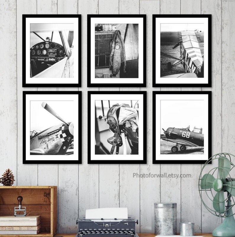 Personalized Pilot Gift for Dad Vintage Aviation decor, Airplane piper, Original gallery wall set of 6 plane black and white prints image 1