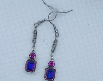 Crystal violet blue Octagon and Fuchsia Rhinestone Drop Earrings