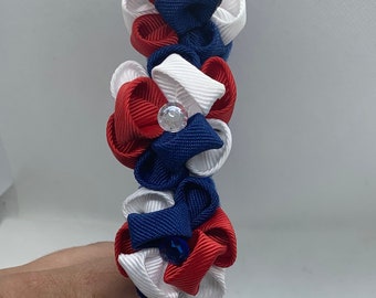 Red, White, and Blue Kanzashi Flower Woven Headband