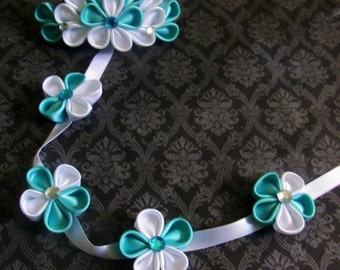 Aqua and White Kanzashi Flower Barrette Braid