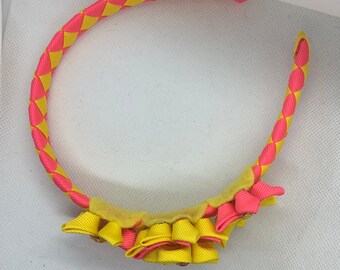 Pink and Yellow Kanzashi Flower Woven Headband