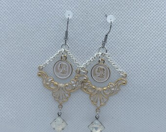 White crystal coin earrings