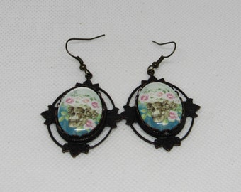 Vintage Rose Skull Cameo Earrings