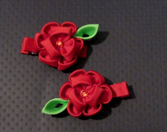 Red Kanzashi Flower Alligator Clips