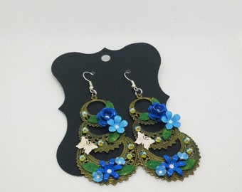 Victorian Butterfly Blue and White Floral Earrings