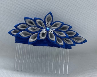 Royal Blue and Silver Kanzashi Flower Hair Comb