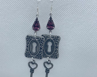 Purple Amethyst Teardrop Lock and Key Earrings