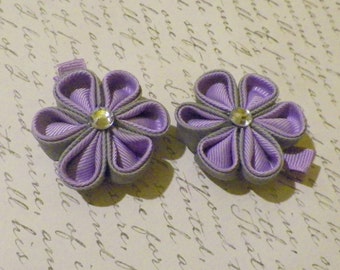 Lavender and Grey Kanzashi Flower Alligator Clips