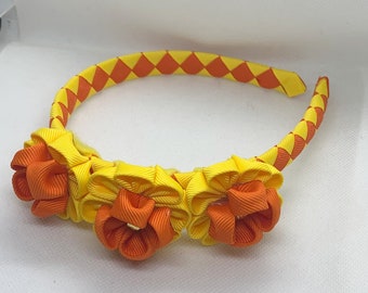 Yellow and Orange Kanzashi Flower Woven Headband